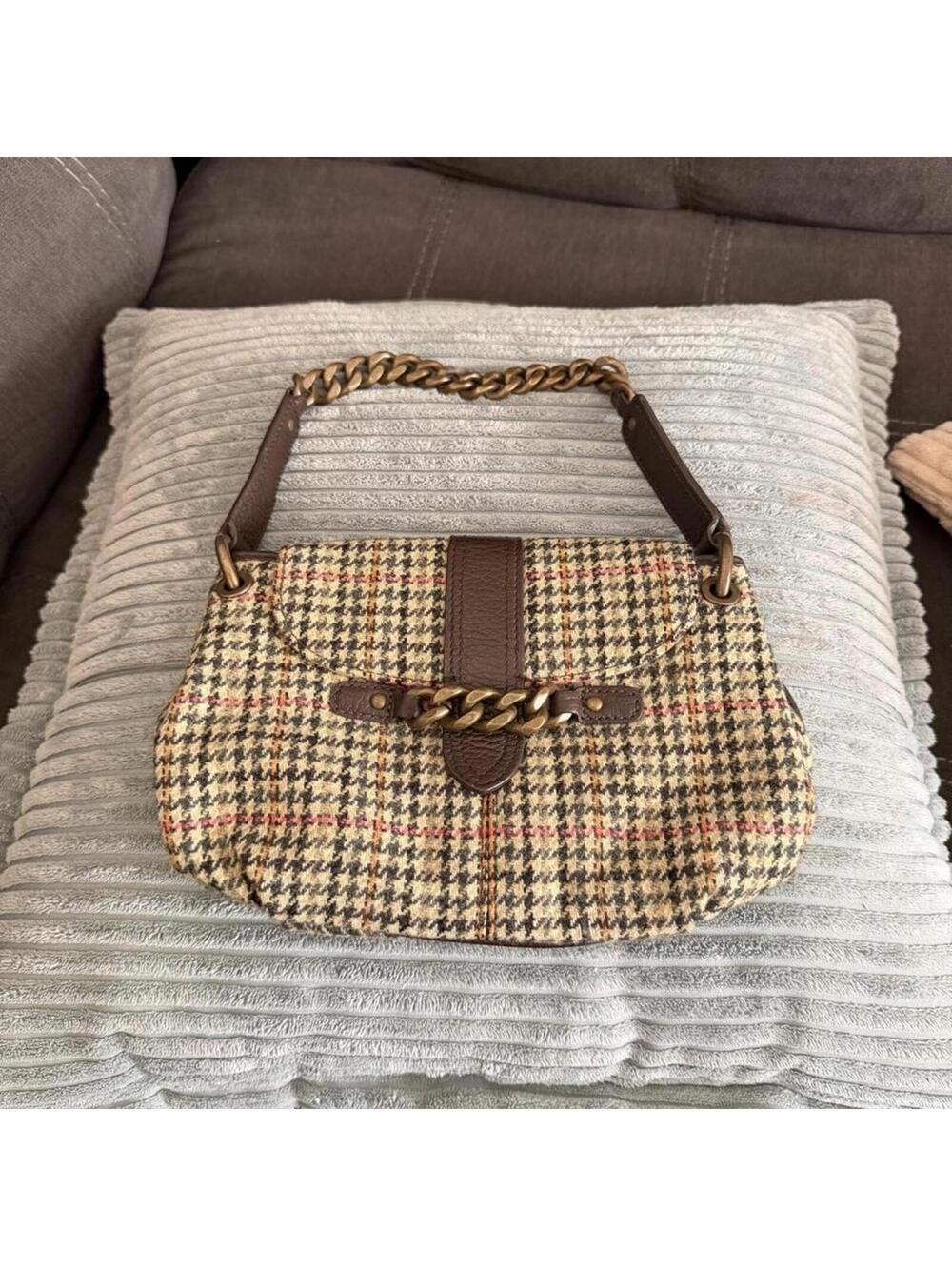 Jcrew 100% wool Brown plaid purse with brass chain strap #plaid #chainstrap